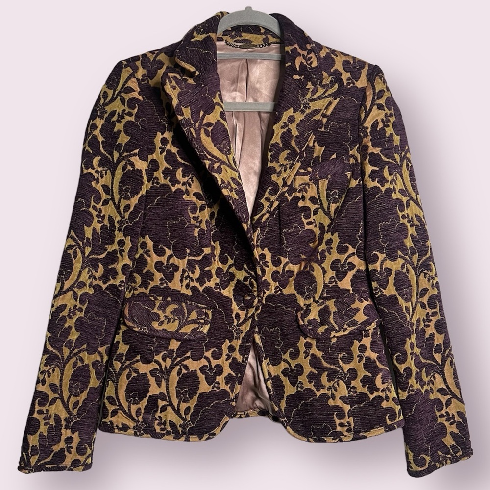7 For All Mankind Flocked Velvet Brocade Jacquard Purple and Gold Blazer